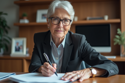Femme d'environ soixante ans rédigeant une lettre de retraite dans un bureau