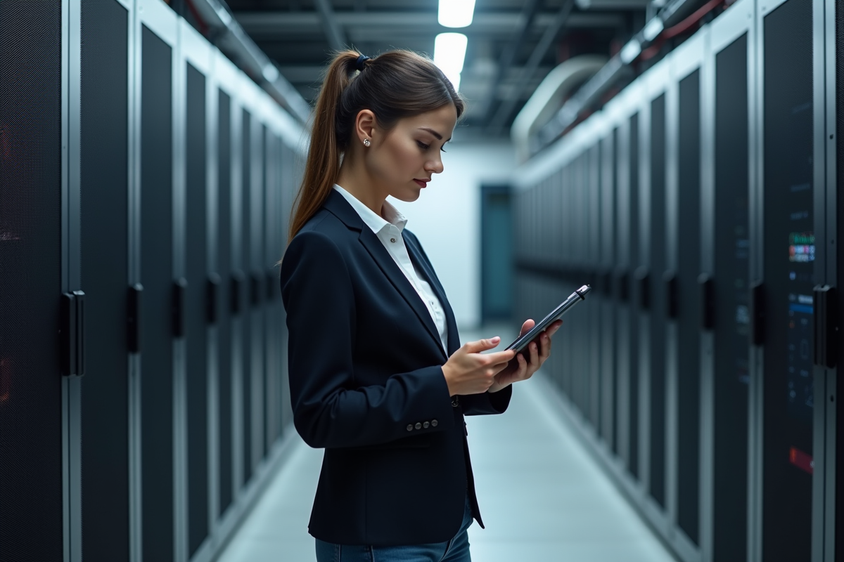 Femme confiante dans une salle serveurs utilisant une tablette