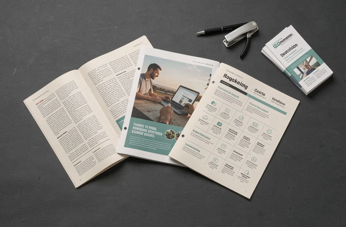 Vue aérienne de trois brochures agrafées 8 pages ouvertes montrant différentes structures de mise en page