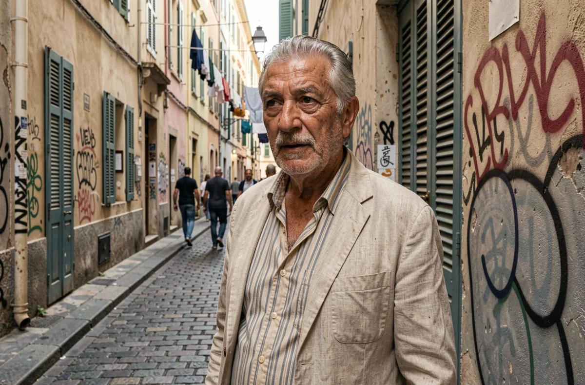 Portrait de rue authentique d'un homme d'âge mûr dans une ruelle du Panier à Marseille avec ambiance urbaine authentique et architecture historique par Franck Gérard