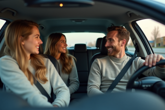 Groupe d'amis dans une voiture moderne en discussion
