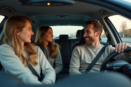 Groupe d'amis dans une voiture moderne en discussion