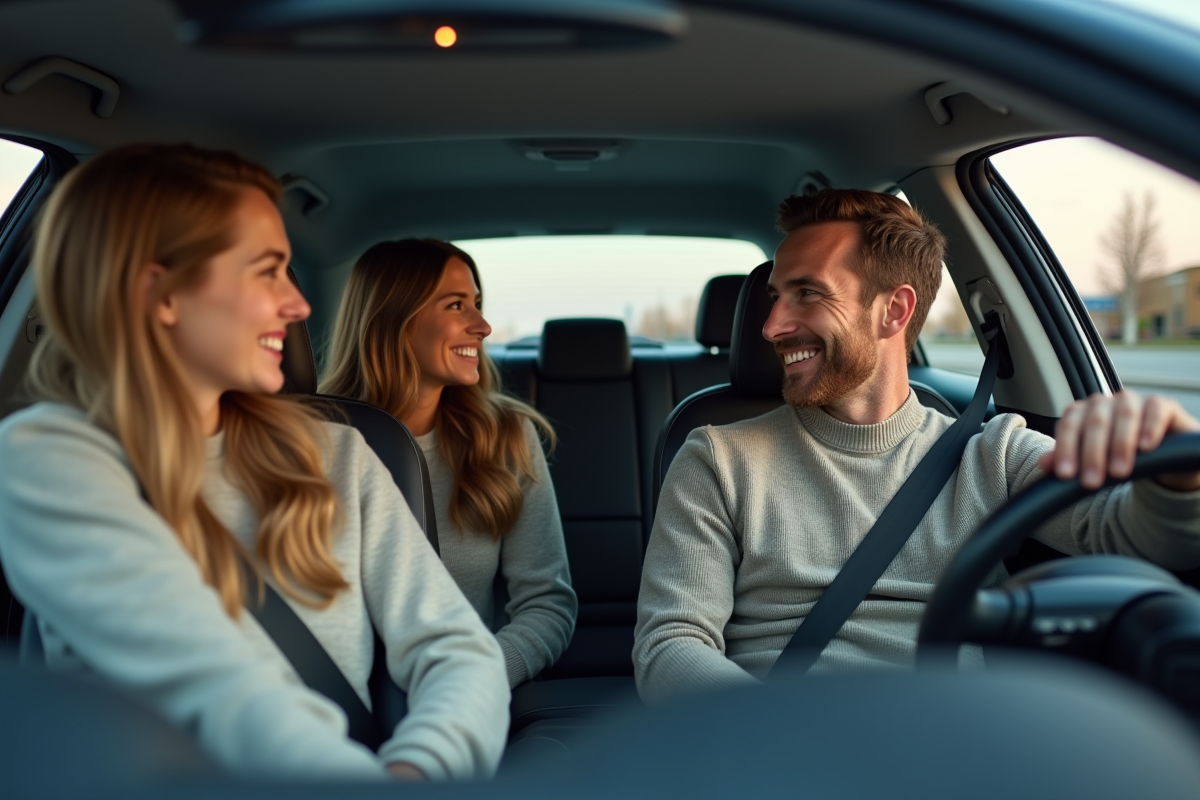 Groupe d'amis dans une voiture moderne en discussion