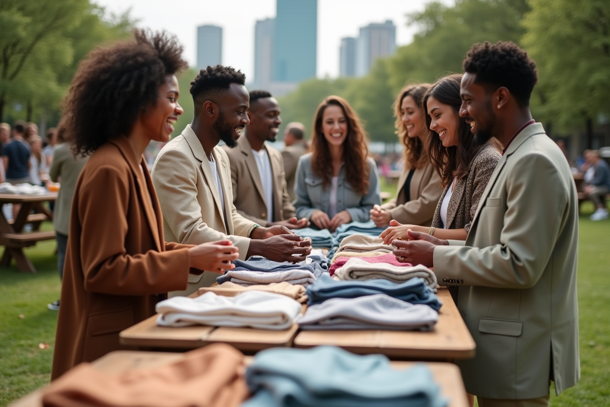Groupe de jeunes adultes échangeant des vêtements en plein air