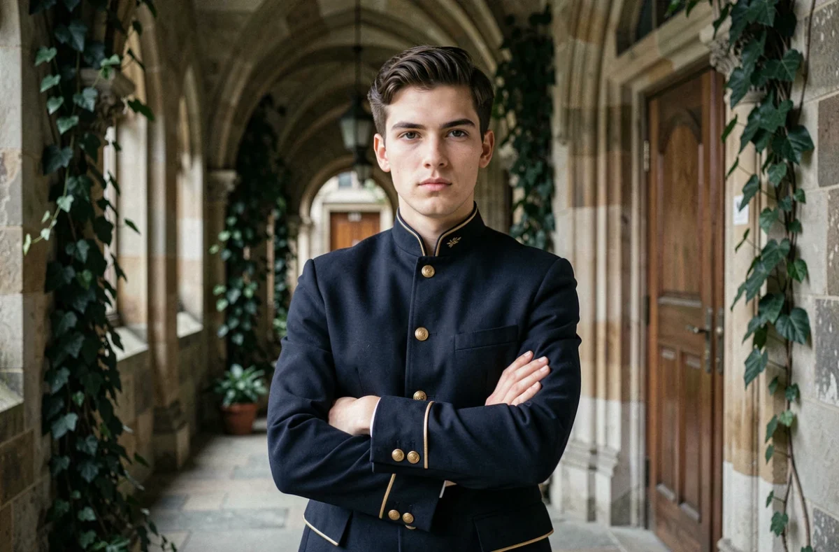 Jeune homme en uniforme scolaire sombre avec regard perçant et magnétique dans un couloir d'académie gothique, illustrant l'archétype du héros antagoniste aux yeux de renard