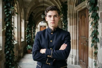 Jeune homme en uniforme scolaire sombre avec regard perçant et magnétique dans un couloir d'académie gothique, illustrant l'archétype du héros antagoniste aux yeux de renard