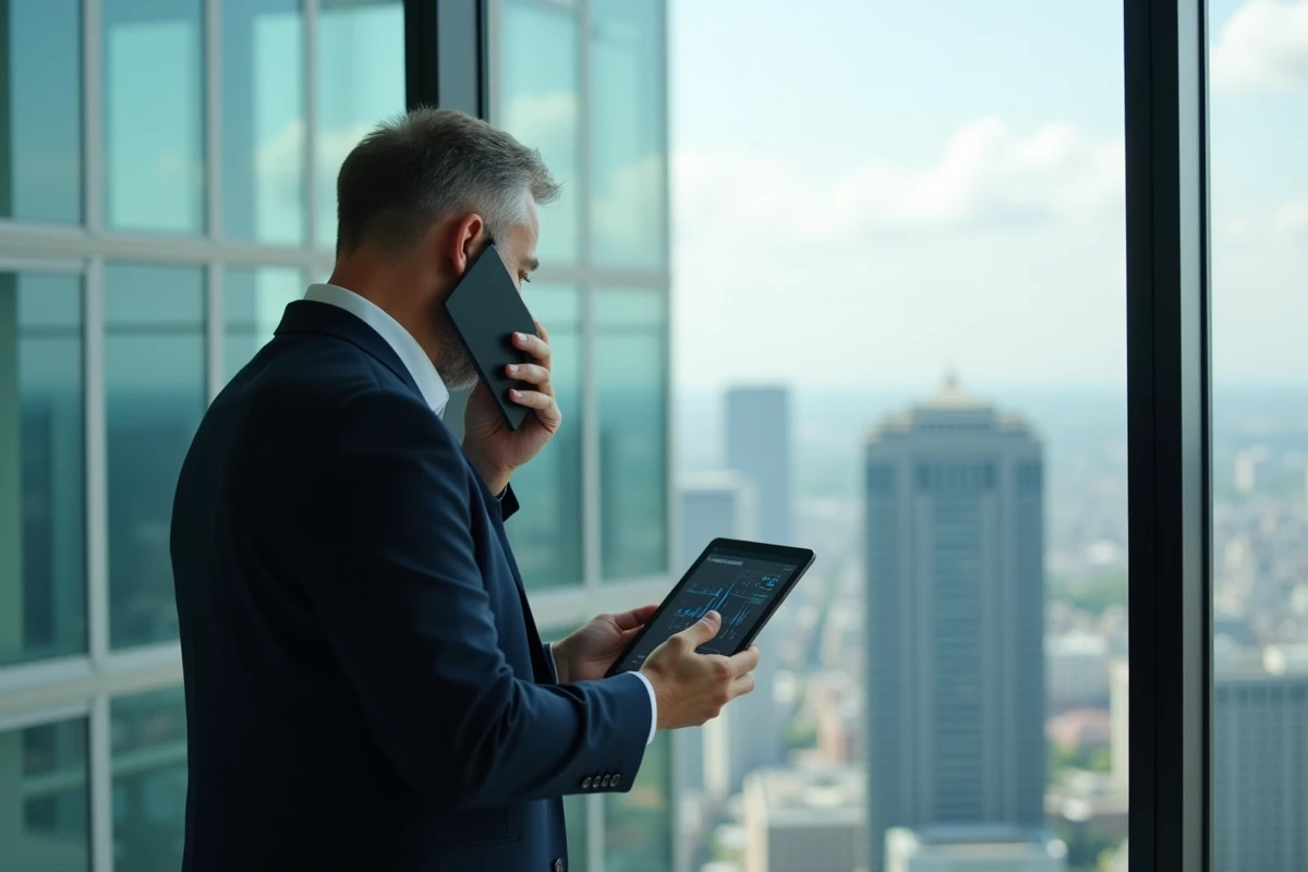 Homme d affaires parlant au téléphone avec vue sur la ville