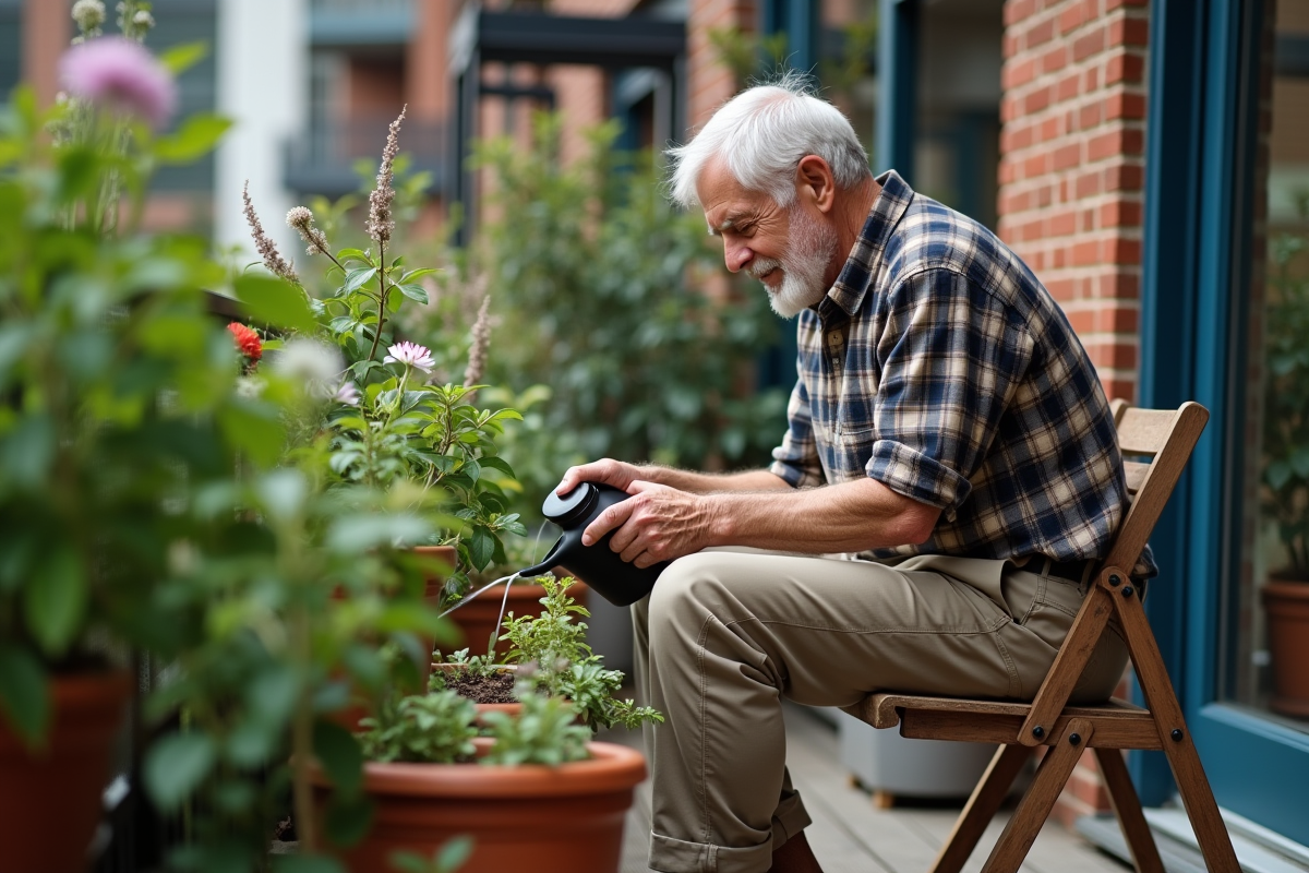 Homme âgé arrosant des plantes sur un balcon en ville