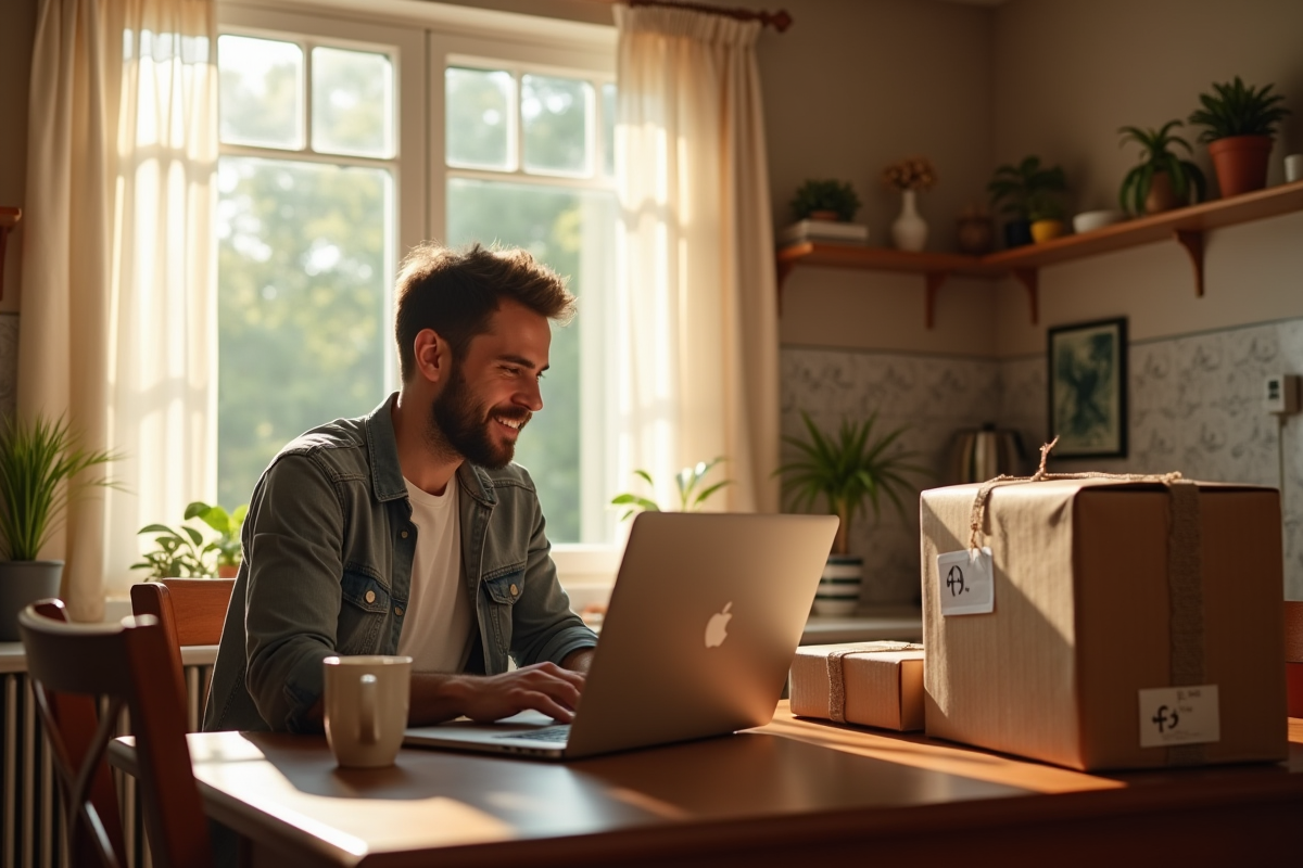 Homme à la cuisine avec ordinateur et colis livrés
