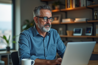 Homme d'âge moyen travaillant sur un ordinateur avec graphiques numériques