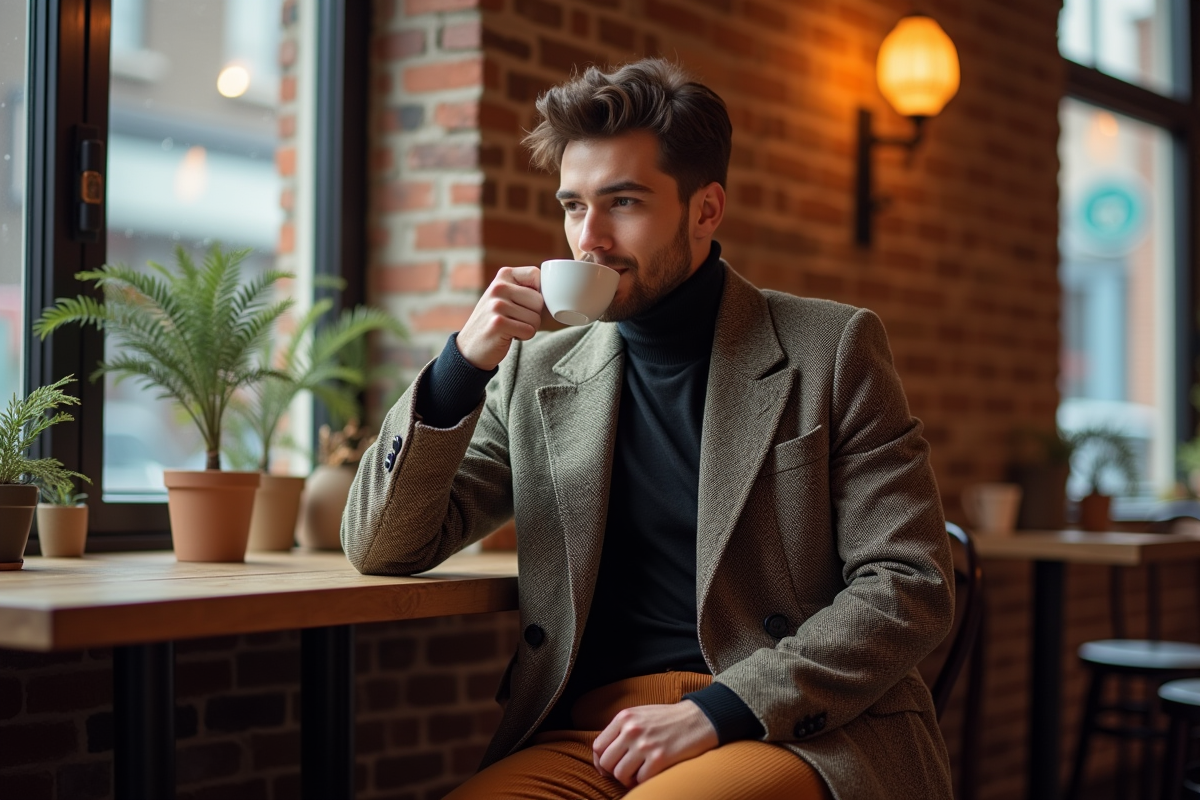 Homme au café dans un décor chaleureux