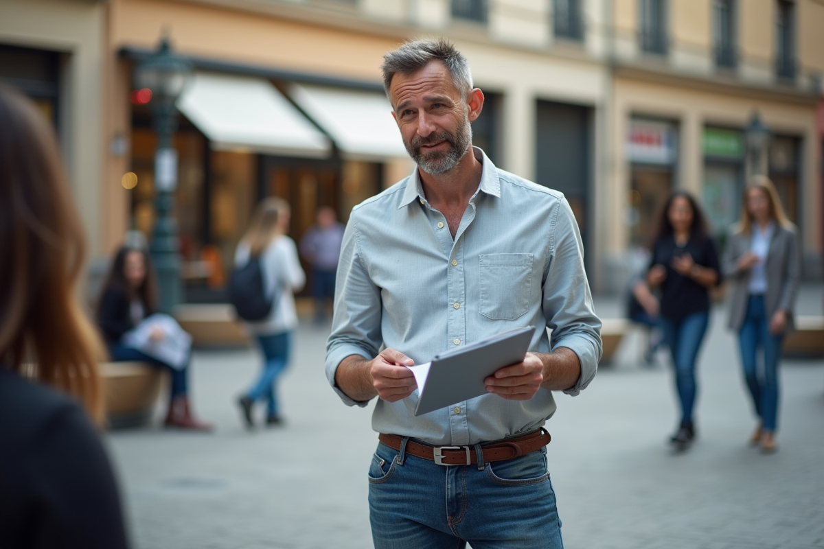 Homme parlant en extérieur dans une place urbaine