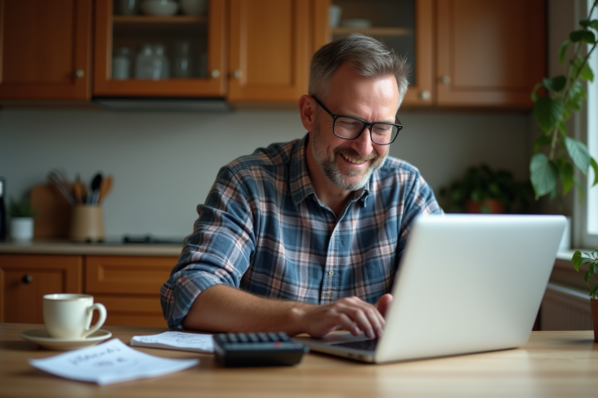 Homme calculant le coût du covoiturage à la maison avec ordinateur et calculatrice