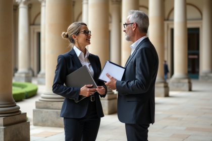 Homme et femme élégants près de piliers en extérieur