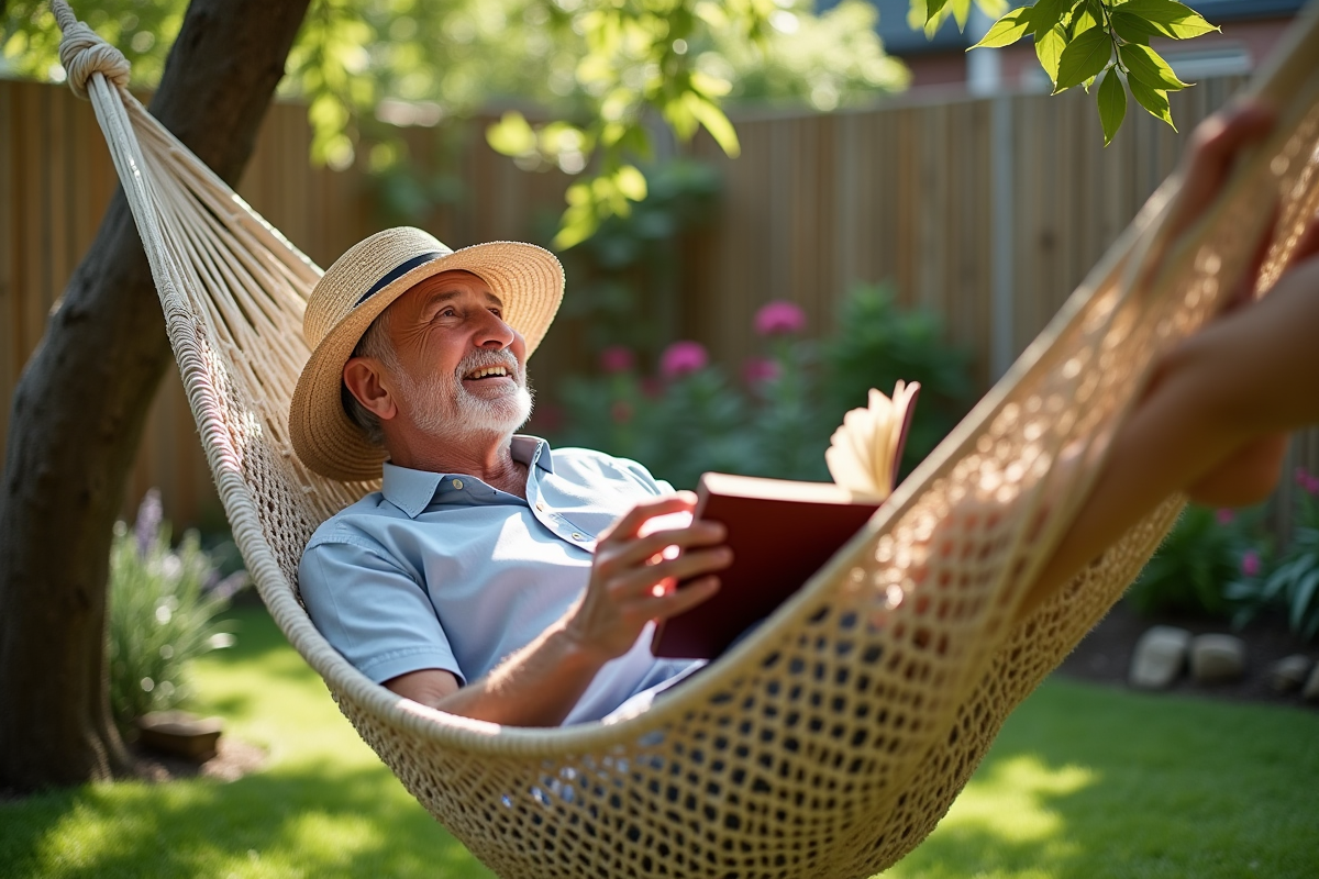 Homme âgé lisant dans un hamac dans un jardin paisible