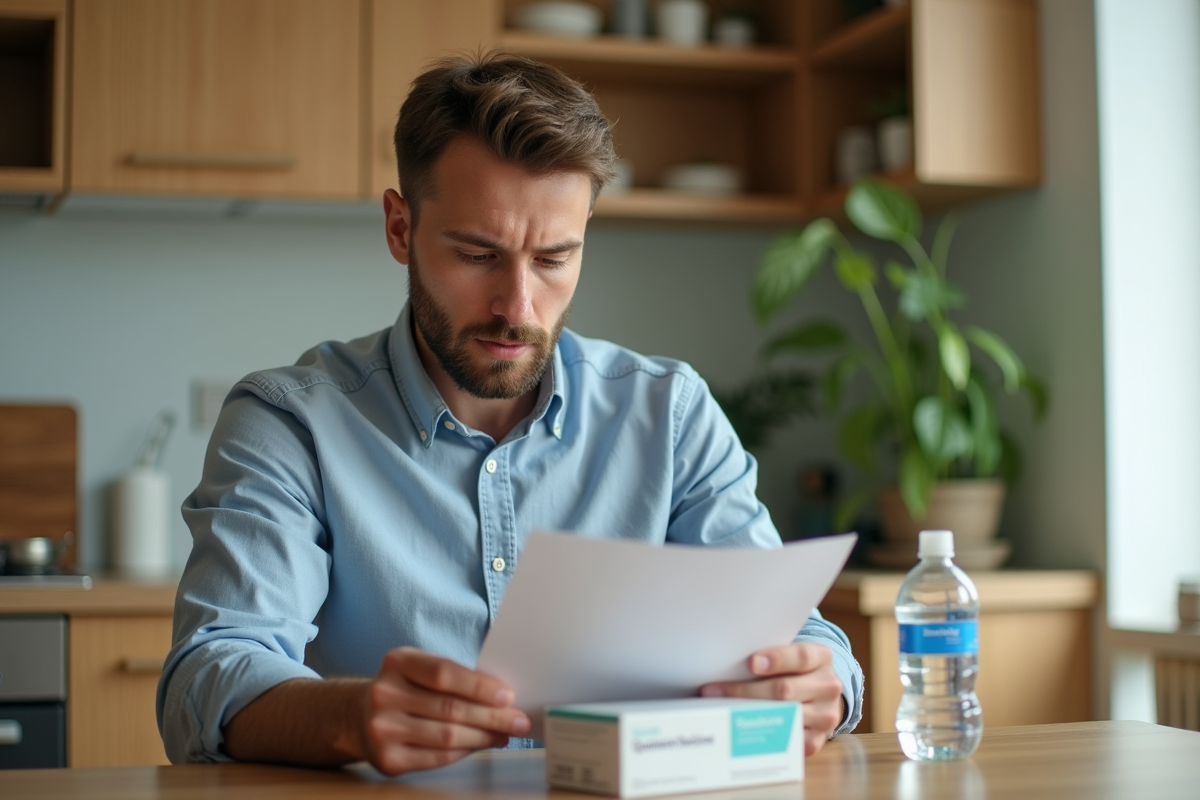 Jeune homme lisant une notice de medicament chez lui