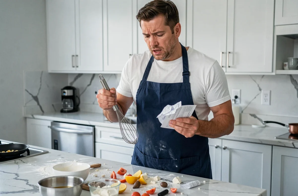 Homme en difficulté en cuisine tenant une recette froissée, symbolisant la maladresse et l'expression 'je m'y prends mal'