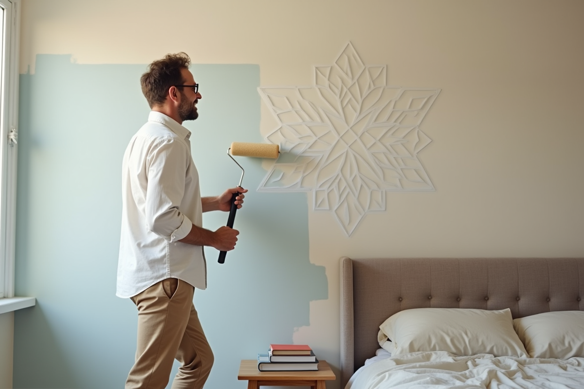 Homme stencilant un motif géométrique dans la chambre