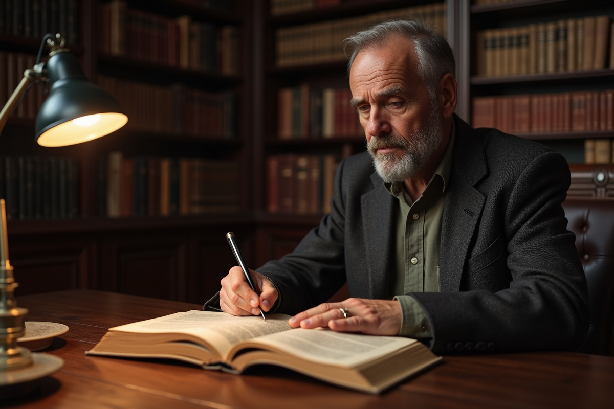Homme réfléchi lisant un livre de philosophie dans une bibliothèque