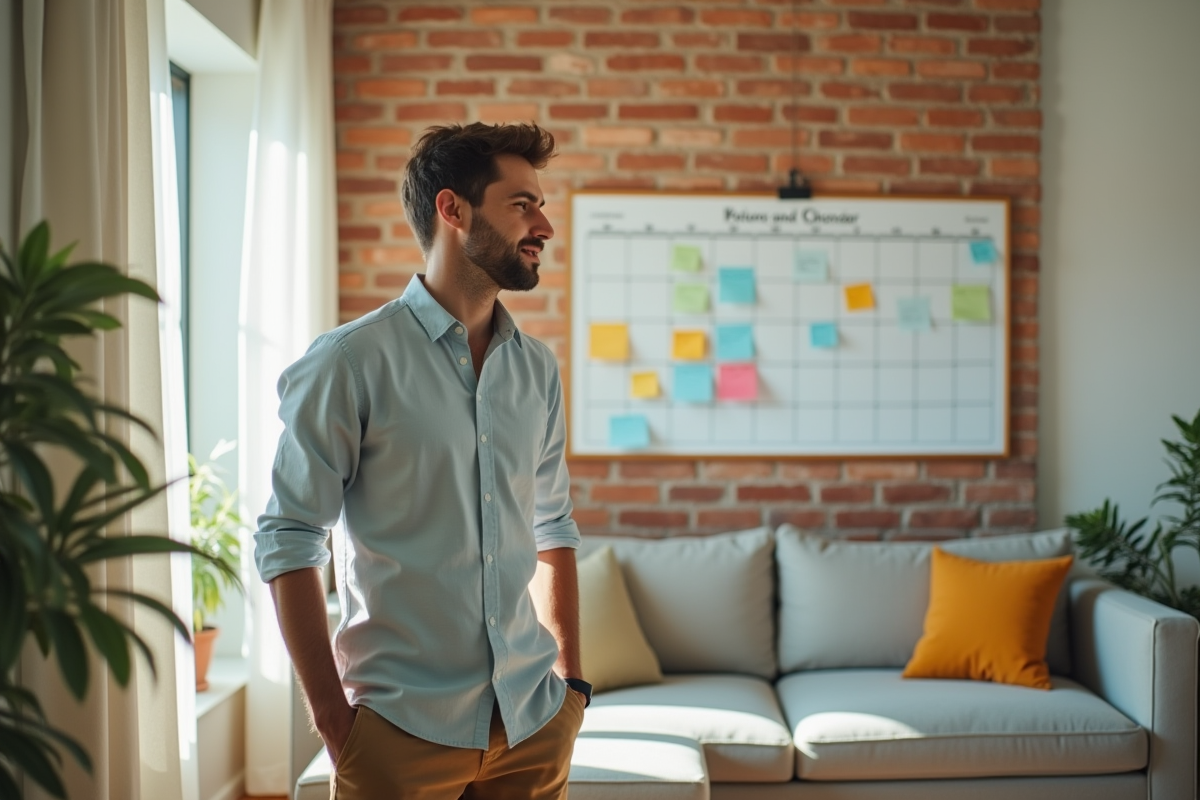 Jeune homme collant des notes sur un calendrier dans le salon