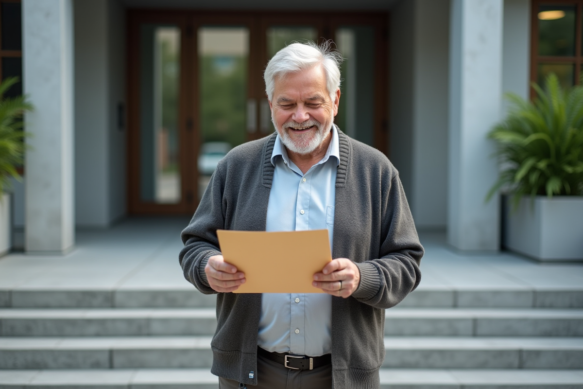 Homme plus âgé tenant un formulaire de retraite devant un bâtiment municipal
