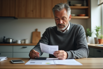 Homme d'âge moyen vérifiant sa facture fiscale à la maison