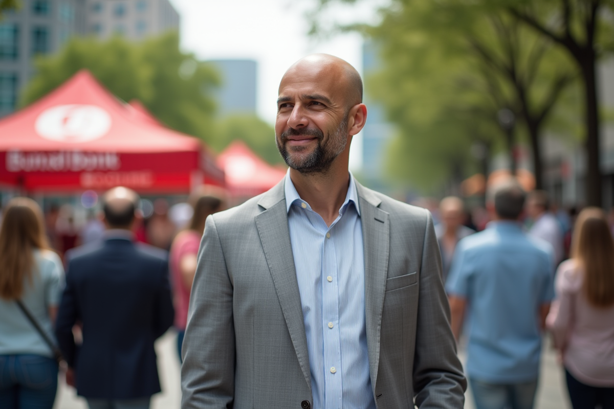 Homme en costume clair lors d un événement communautaire en extérieur