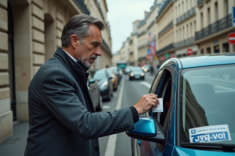 Homme d affaires examinant un sticker Crit Air sur une voiture parisienne