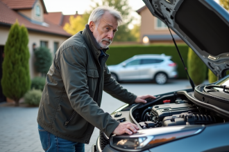 Homme vérifiant le moteur d'un SUV en extérieur