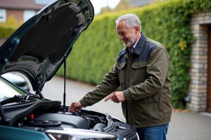 Homme examinant un moteur de voiture moderne en extérieur