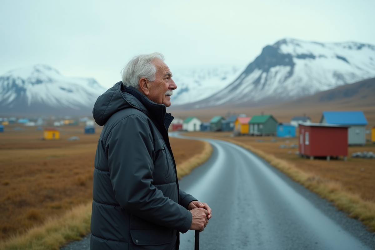 Homme âgé dans un village islandais isolé