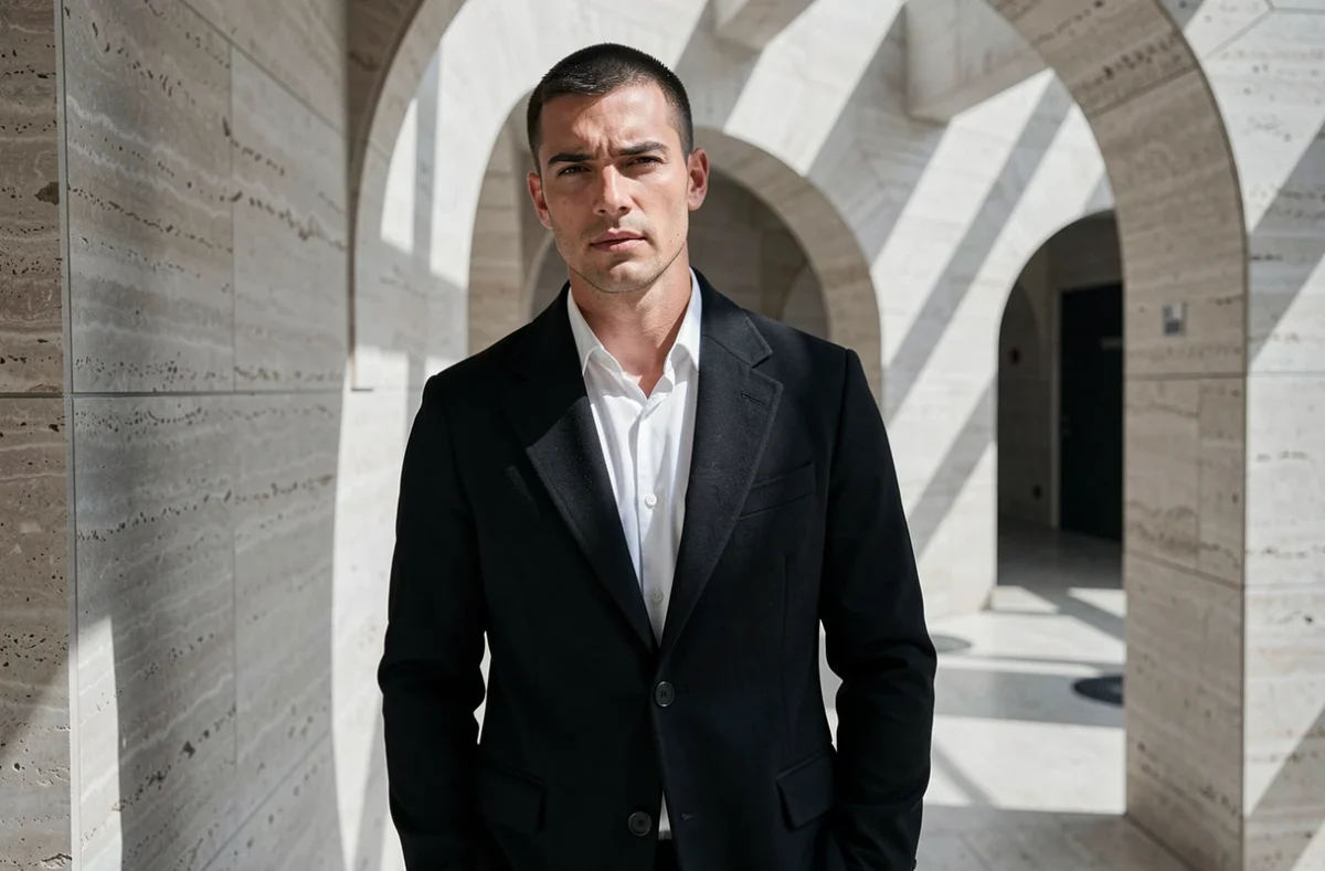 Portrait mode éditorial d'un homme en manteau noir structuré dans un couloir d'architecture moderniste marseillaise réalisé par Hugo Ricard