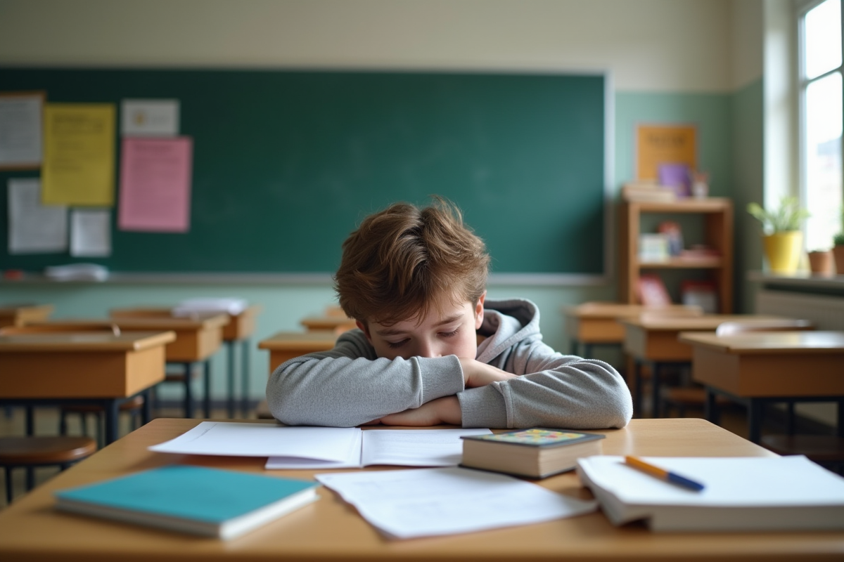 Adolescent fatigué assis seul en classe avec livres