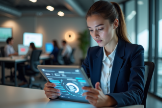 Jeune femme professionnelle utilisant une tablette dans un bureau moderne