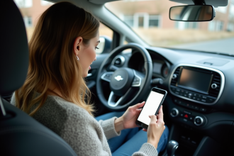 Jeune femme utilisant une application de covoiturage sur son smartphone dans la voiture