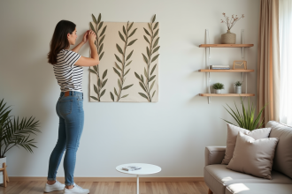 Jeune femme appliquant des decals botaniques sur un mur