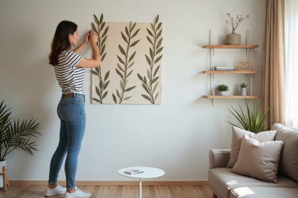 Jeune femme appliquant des decals botaniques sur un mur