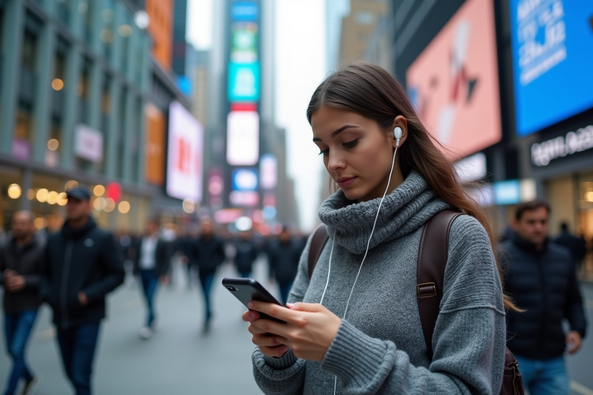 Jeune femme marchant dans une rue urbaine avec smartphone et écouteurs