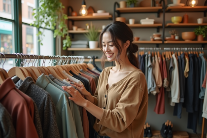 Jeune femme examine vêtements en boutique de seconde main