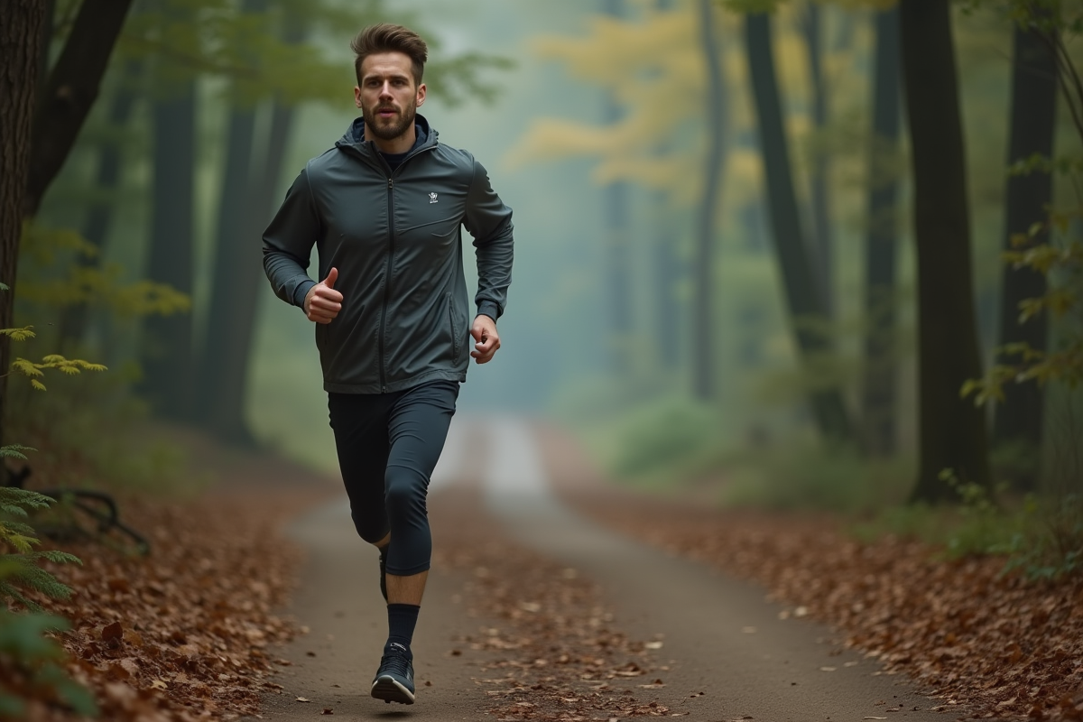 Jeune homme courant en forêt lors d
