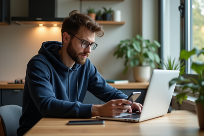 Jeune homme en hoodie bleu utilisant un smartphone dans une cuisine lumineuse