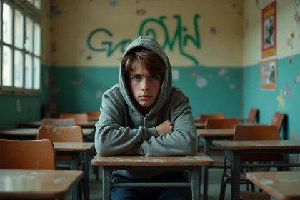 Adolescent en streetwear dans une salle abandonn&eacute;e