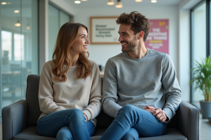 Jeune homme et femme en salle d'attente médicale