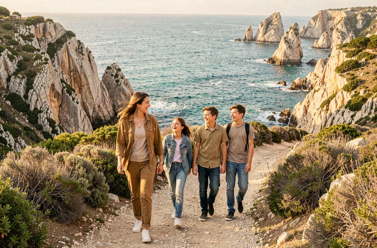 Séance photo lifestyle en famille sur un sentier côtier des Calanques de Marseille réalisée par Justine Ortega avec mer turquoise en arrière-plan