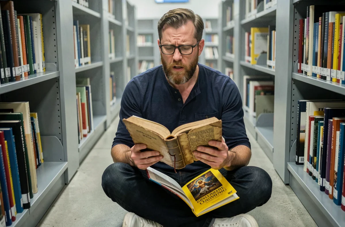 Homme laïc lisant un texte religieux ancien entre les rayonnages d'une bibliothèque publique avec une approche comparative et analytique