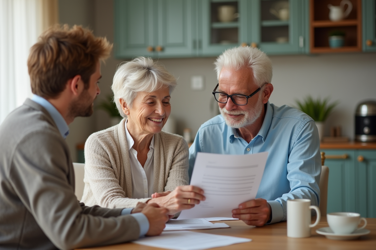 Femme age lisant des documents de location dans une cuisine moderne