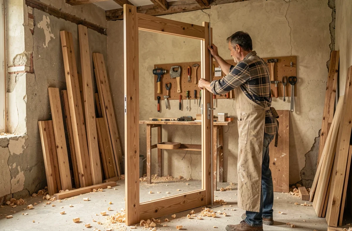 Artisan menuisier de L&R Menuiserie ajustant un cadre de porte en bois dans un chantier résidentiel