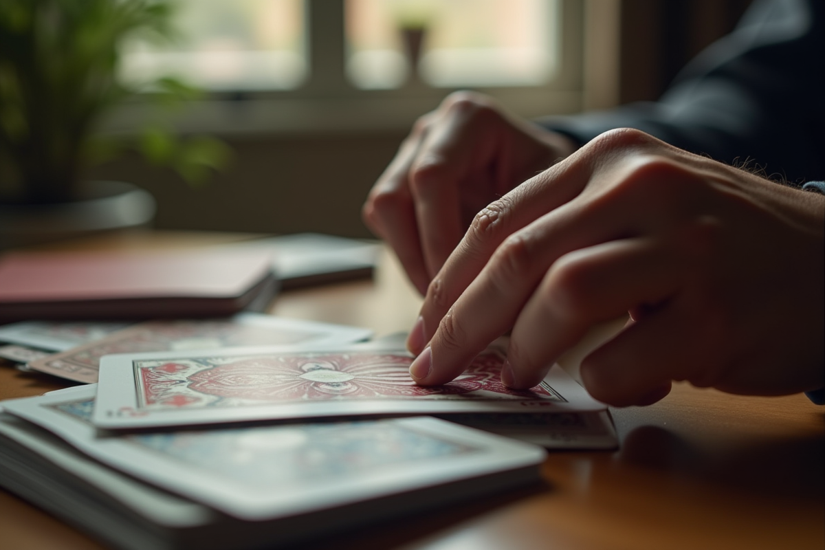 Mains mélangeant un jeu de cartes usé avec lumière naturelle