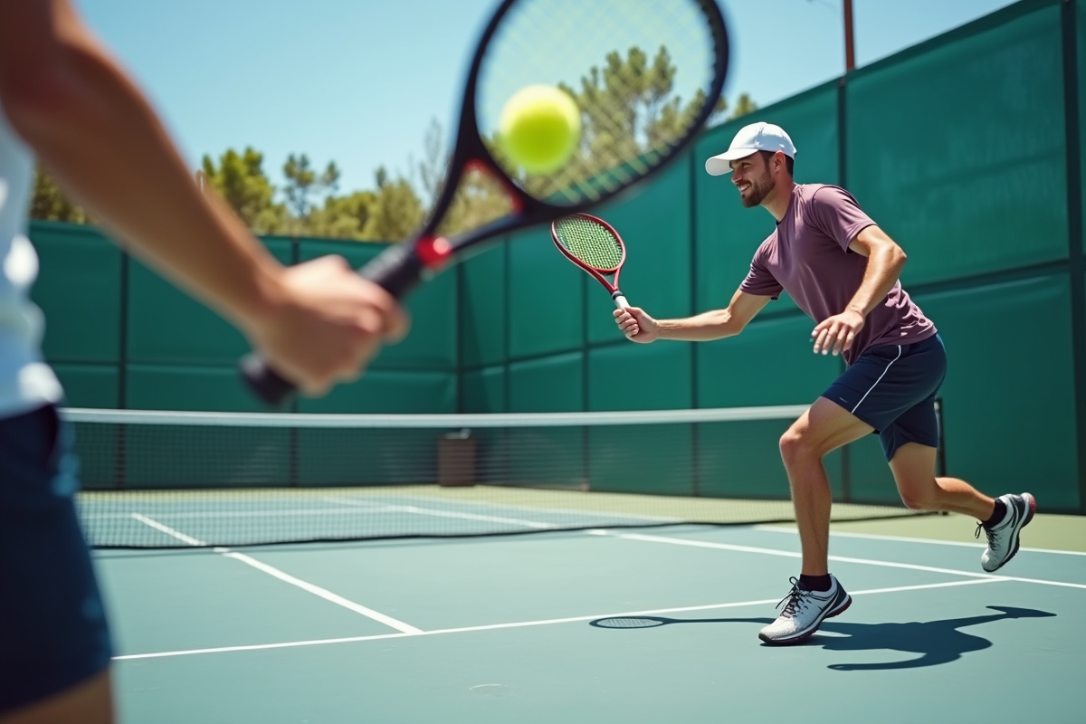 Joueur débutant et expert en action sur court de padel extérieur