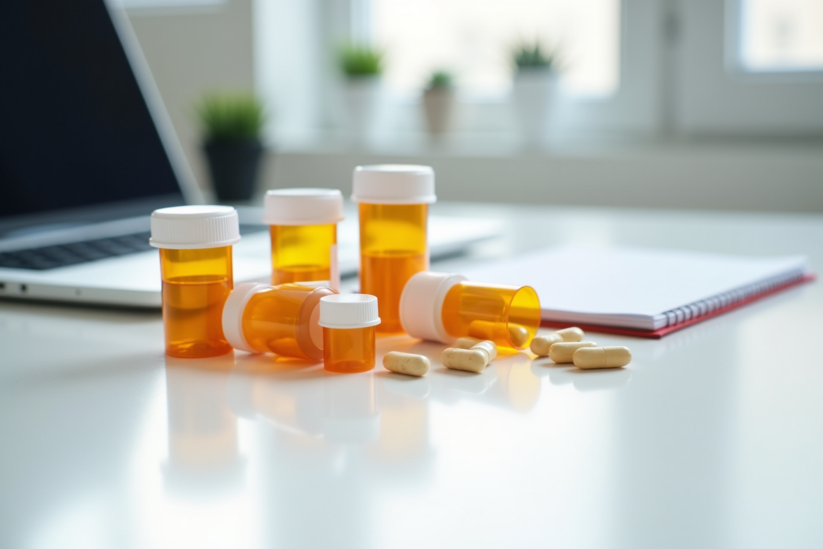 Bouteilles de medicaments sur un bureau lumineux avec ordinateur et bloc note